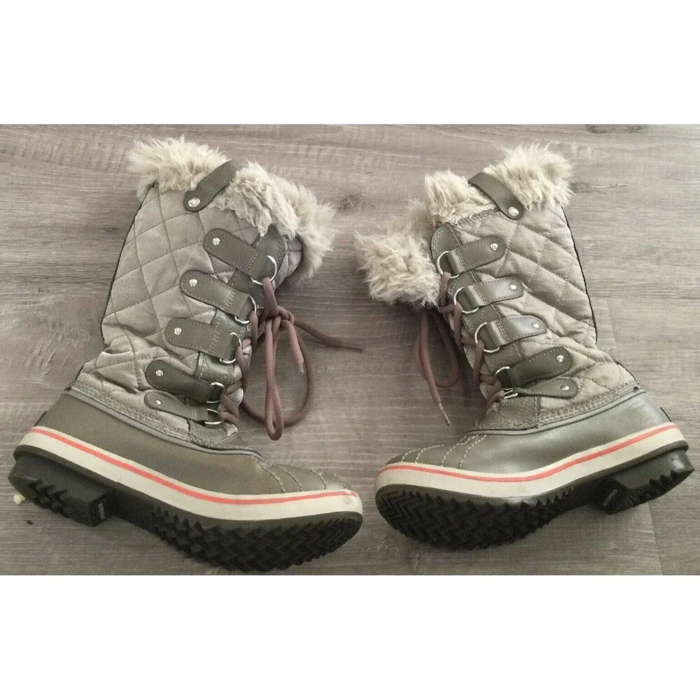 SOREL Tofino Organza Snow Boots Gray Silver Faux Fur Kettle/Orange Sz. 6